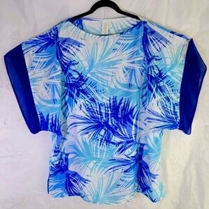 Avon Women Cover up Swim Blue Tropical Print Blouse Sheer Sleeve trim airy